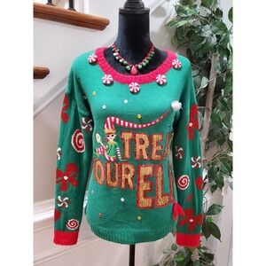 Holiday Times Christmas Green Acrylic Round Neck Long Sleeve Knit Sweater Size M